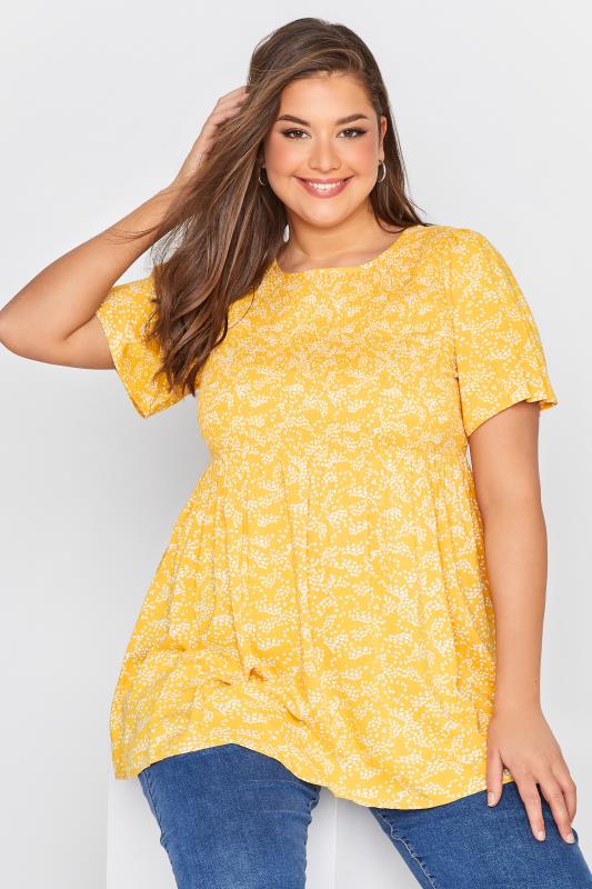 Plus Size Yellow Spot Print Shirred Short Sleeve Top | Yours Clothing  1