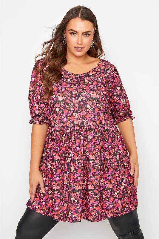 YOURS LONDON Curve Black & Pink Floral Tunic Top_AR.jpg