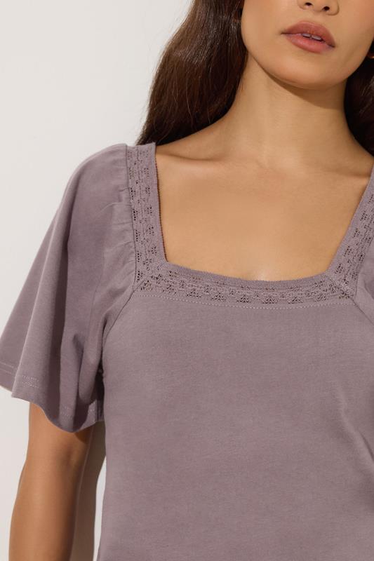 PixieGirl Petite Women's Light Purple Crochet Trim Flutter Sleeve Cotton T-Shirt | PixieGirl 4