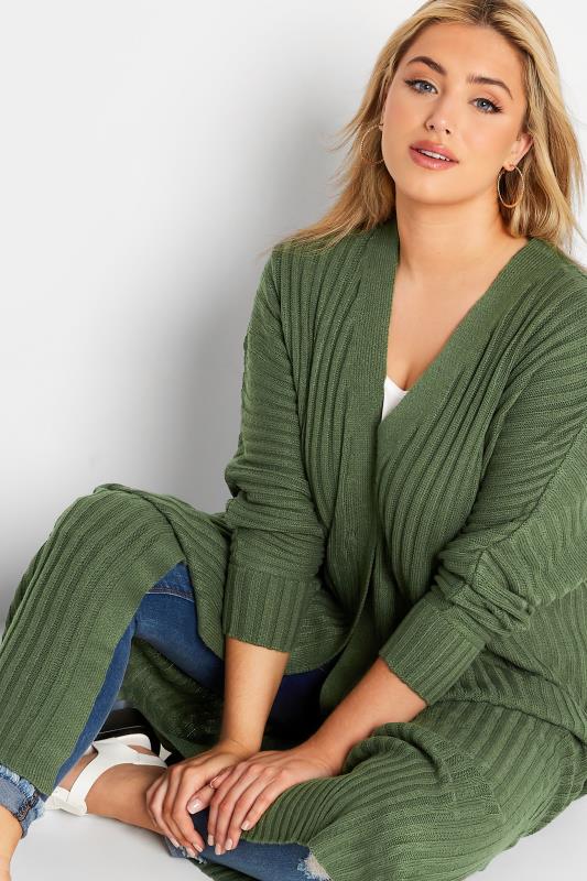 Plus Size Curve Khaki Green Ribbed Knitted Maxi Cardigan | Yours Clothing 4