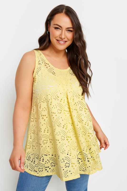 YOURS Plus Size Yellow Broderie Anglaise Swing Vest Top | Yours Clothing 1