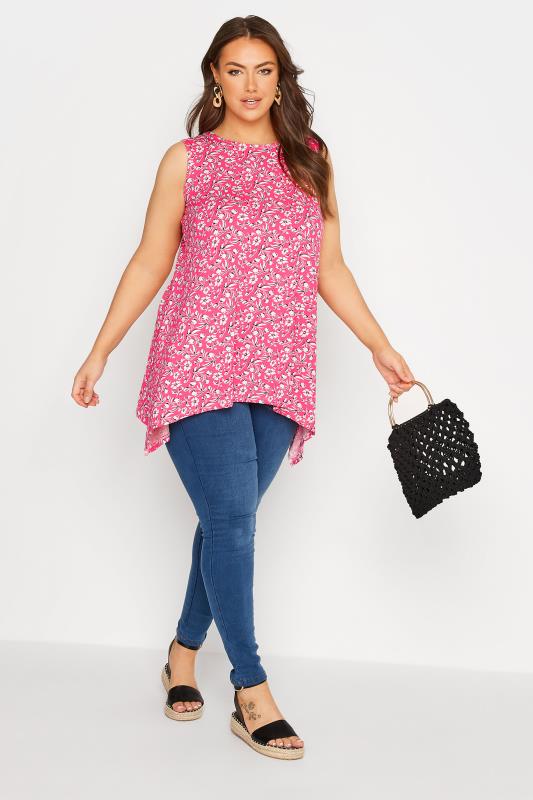 Plus Size Pink Floral Open Back Hanky Hem Vest Top | Yours Clothing 2