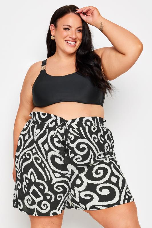 YOURS Plus Size Black Abstract Print Crinkle Tassel Shorts | Yours Clothing 1