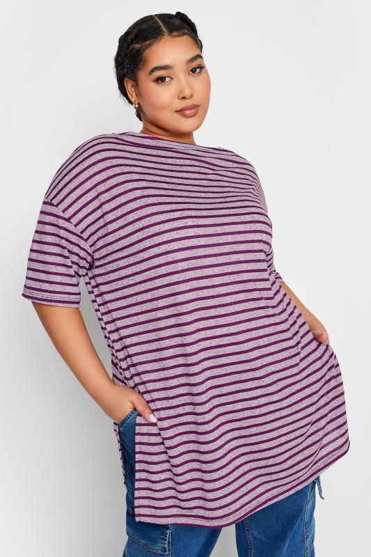 YOURS Plus Size Purple Stripe Oversized T-Shirt | Yours Clothing 2