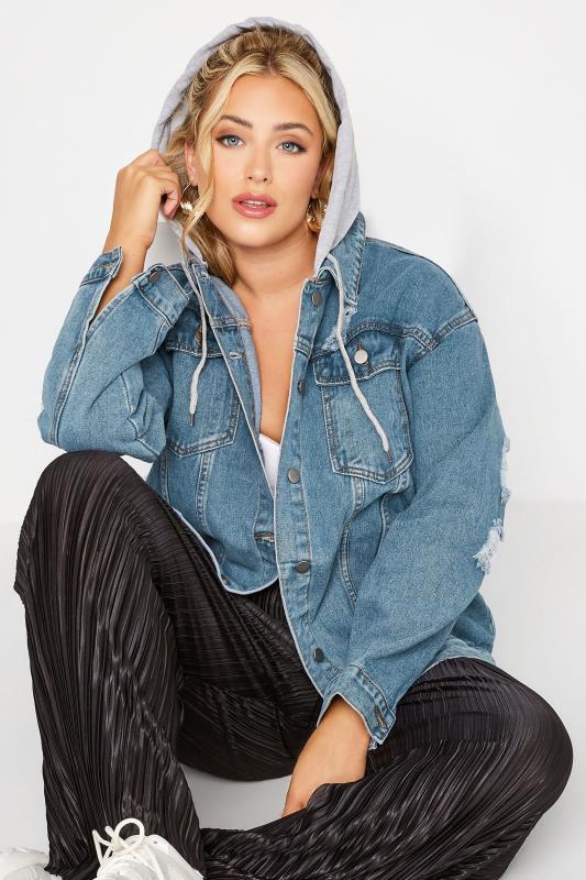  LIMITED COLLECTION Curve Blue Hooded Distressed Denim Jacket