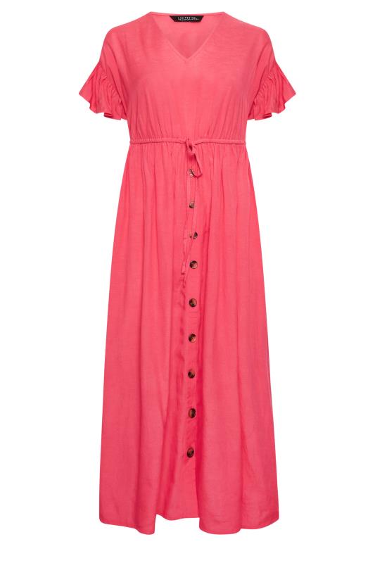 LIMITED COLLECTION Plus Size Coral Pink Frill Sleeve Cotton Maxi Dress | Yours Clothing 6