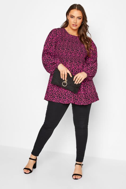 Plus Size Pink Floral Print Balloon Sleeve Shirred Top | Yours Clothing 2