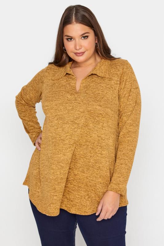 Plus Size  Mustard Yellow Marl Rugby Collar Knitted Top