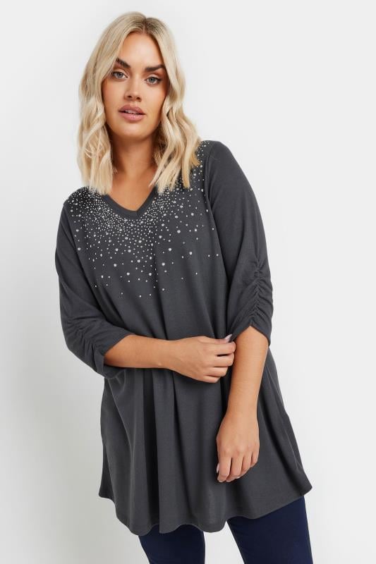 YOURS Plus Size Charcoal Grey Diamante Stud Swing Top | Yours Clothing  1