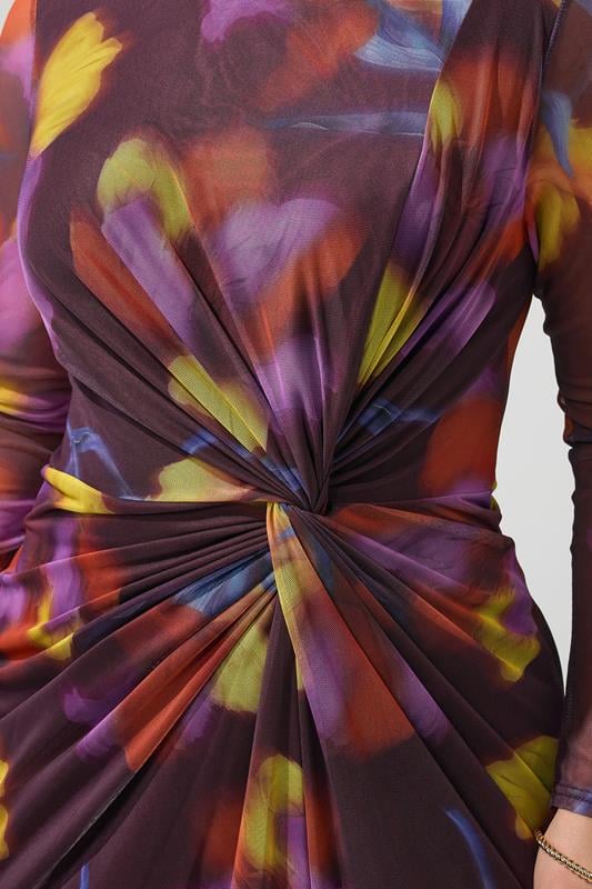 YOURS LONDON Plus Size Purple Abstract Floral Mesh Side Knot Midi Dress | Yours Clothing 4