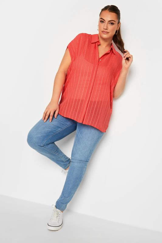 YOURS Curve Plus Size Coral Pink Short Sleeve Stripe Shirt | Yours Clothing 2