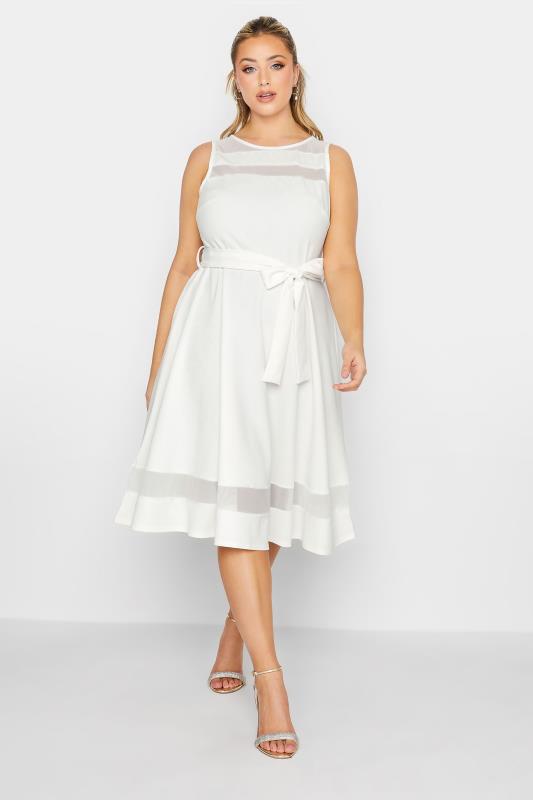 YOURS LONDON Plus Size White Mesh Panel Skater Dress | Yours Clothing 1