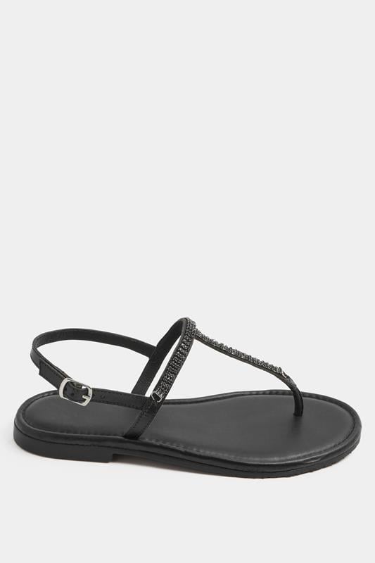 Black Diamante Toe Post Sandals In Extra EEE Wide Fit | Yours Clothing 1