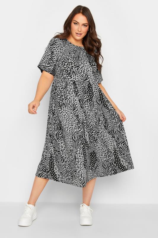 Plus Size  YOURS Curve Grey Mixed Animal Print Midi Smock Dress