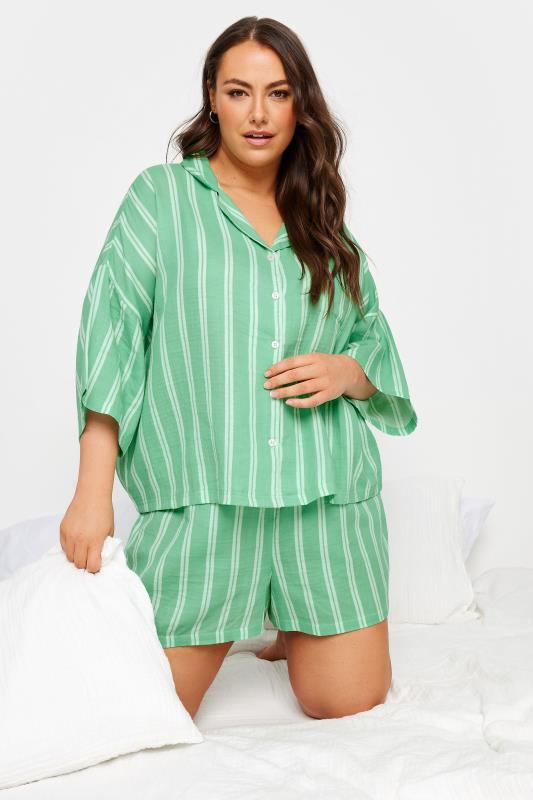 YOURS Plus Size Green Striped Pyjama Set | Yours Clothing 1