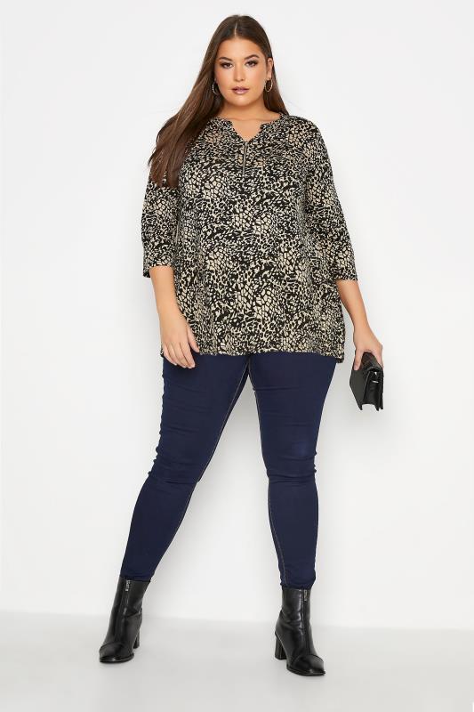 Plus Size Beige Brown Animal Print V-Neck Zip Top | Yours Clothing 2