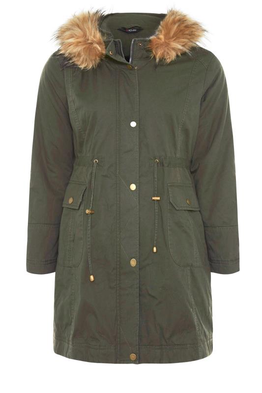 Plus Size Khaki Green Faux Fur Lined Hooded Parka | Yours Clothing 6