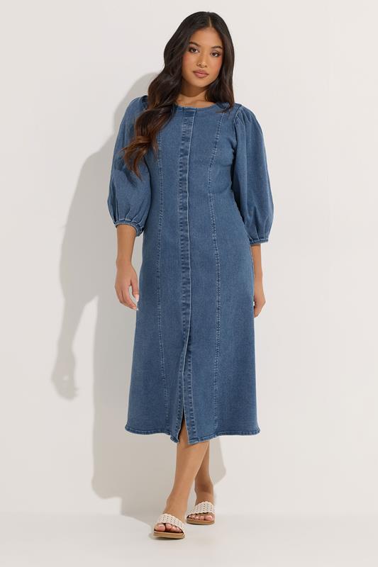 PixieGirl Petite Women's Mid Blue Puff Sleeve Cotton Midi Dress | PixieGirl 2