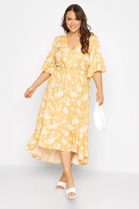 Curve Yellow Floral Print High Low Midi Dress 1
