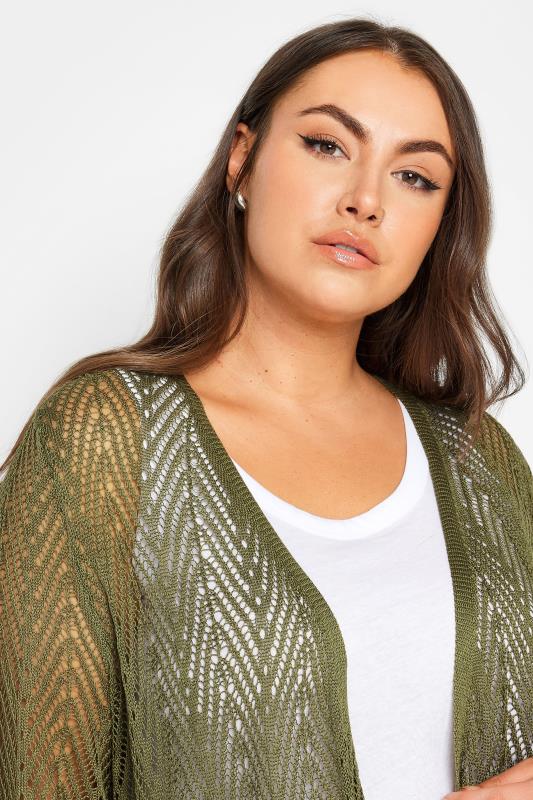 YOURS Plus Size Green Pointelle Waterfall Cardigan | Yours Clothing 4