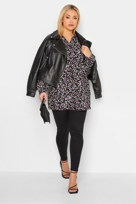 YOURS Plus Size Black Leaf Print Collared Blouse | Yours Clothing 2