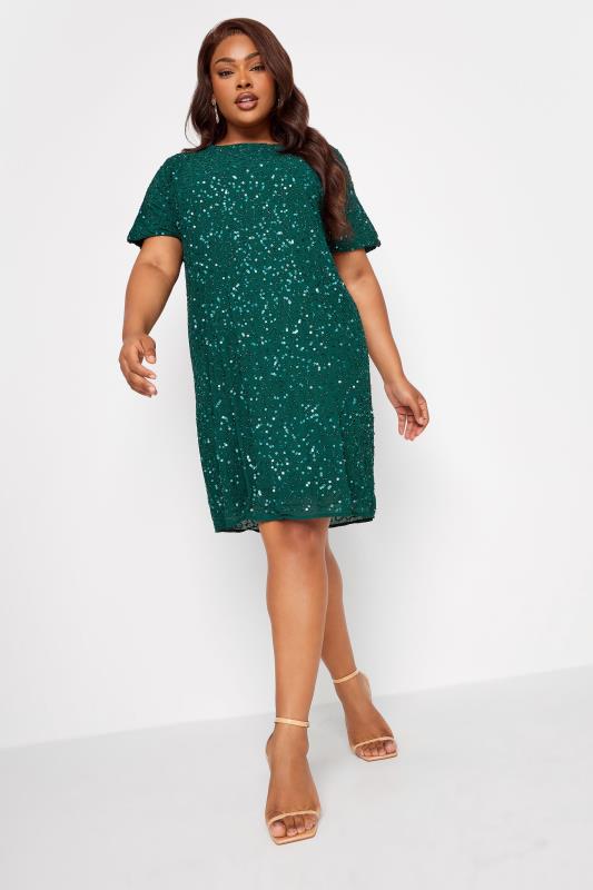  LUXE Curve Forest Green Sequin Hand Embellished Cape Dress