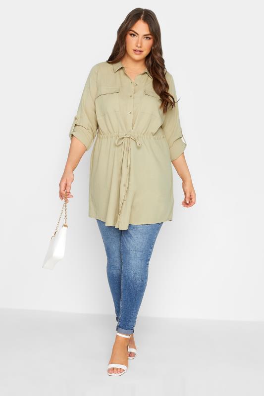 YOURS Plus Size Beige Brown Utility Tunic Linen Look Shirt | Yours Clothing 2