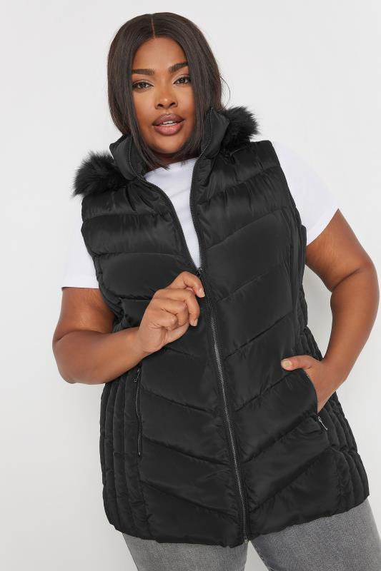 YOURS Plus Size Black Faux Fur Trim Padded Gilet | Yours Clothing 5