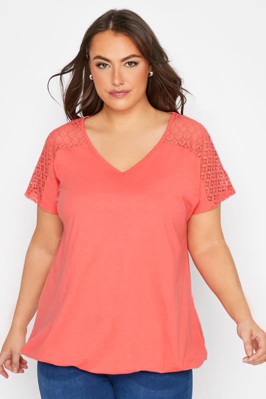Plus Size  Curve Coral Pink Lace Detail Bubble Hem T-Shirt