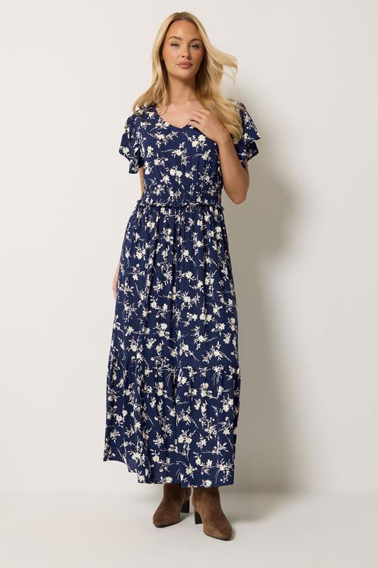 M&Co Navy Blue Floral Print Shirred Waist Maxi Dress | M&Co 1