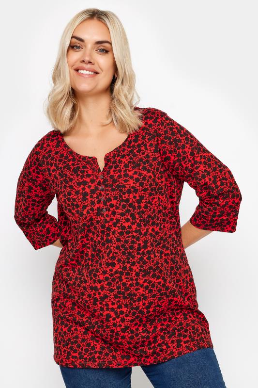 YOURS Plus Size Red Ditsy Floral Pintuck Henley T-Shirt | Yours Clothing  1