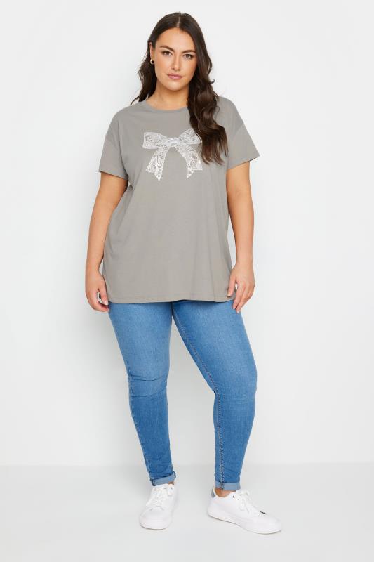 YOURS Plus Size Grey Diamante Bow Print T-Shirt | Yours Clothing  2