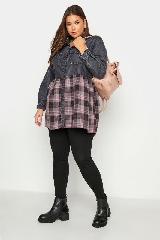 Plus Size Grey & Pink Check Print Peplum Denim Shirt | Yours Clothing 2