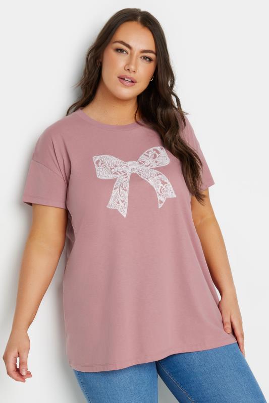 YOURS Plus Size Pink Diamante Bow Print T-Shirt | Yours Clothing  1