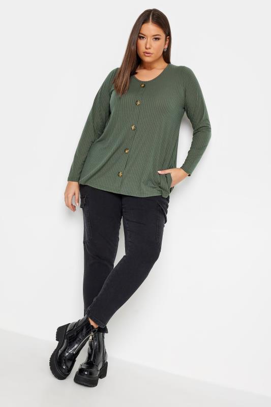 LIMITED COLLECTION Plus Size Khaki Green Ribbed Button Front Top | Yours Clothing 3