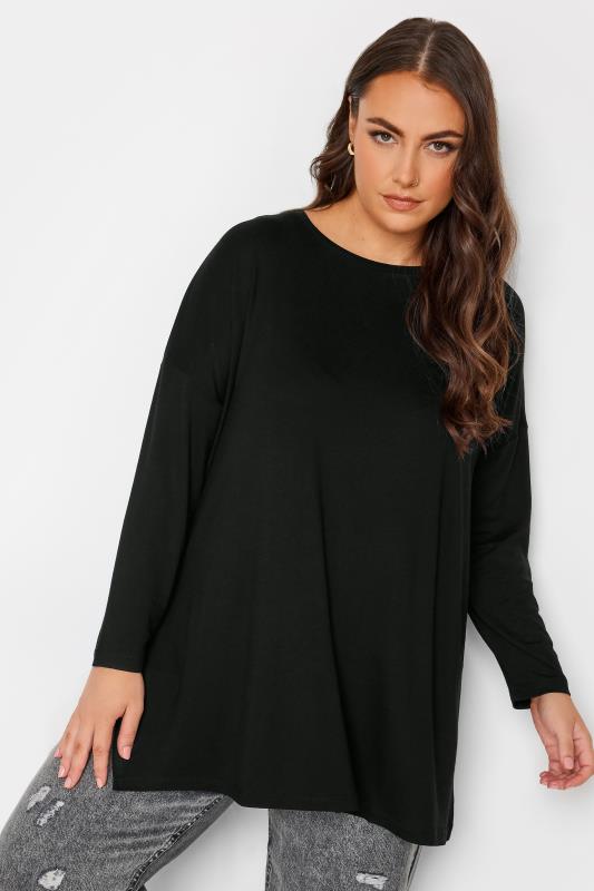 YOURS Plus Size Black Oversized Long Sleeve T-Shirt | Yours Clothing 1
