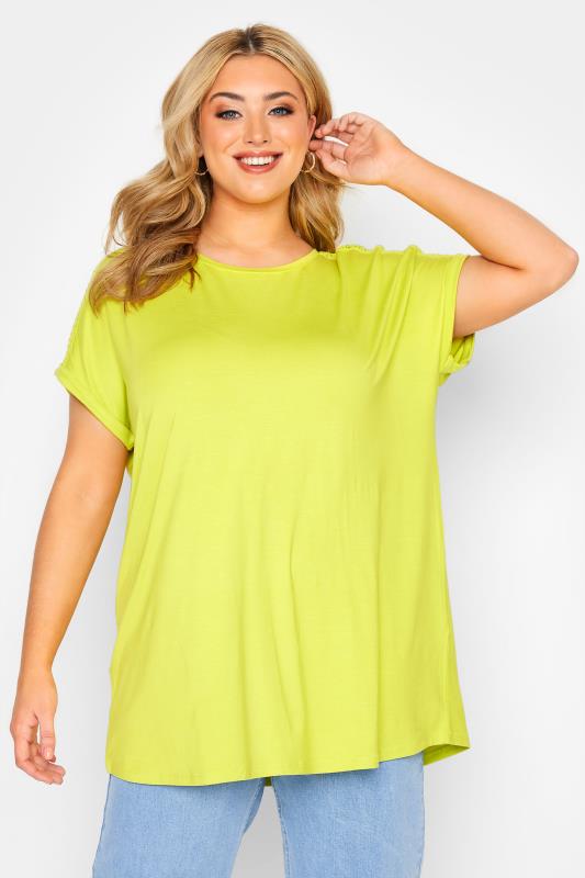 Plus Size Yellow Crochet Detail Short Sleeve T-Shirt | Yours Clothing  1
