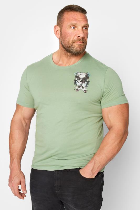  Grande Taille RELIGION Big & Tall Green Butterfly Skull Print T-Shirt