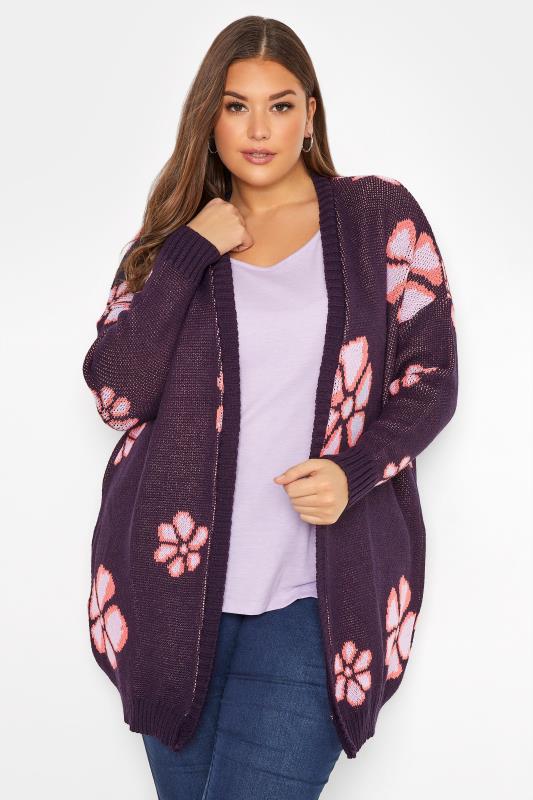 Plus Size  Curve Purple Floral Cardigan