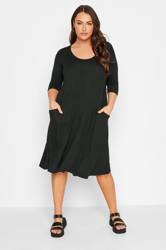 YOURS Plus Size Black 3/4 Sleeve Drape Pocket Dress | Yours Clothing 1
