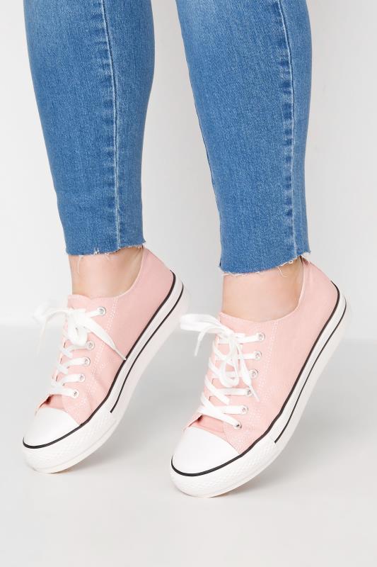 Light Pink Canvas Platform Sole Low Trainers In Wide E Fit | Yours Clothing  1