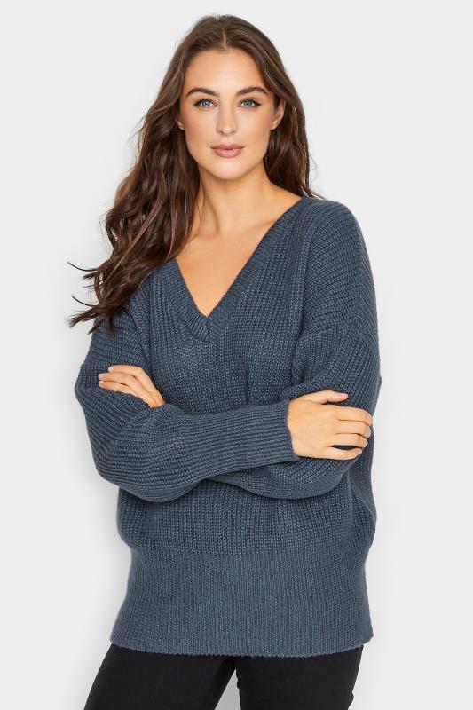  Grande Taille LTS Tall Blue V-Neck Knitted Jumper
