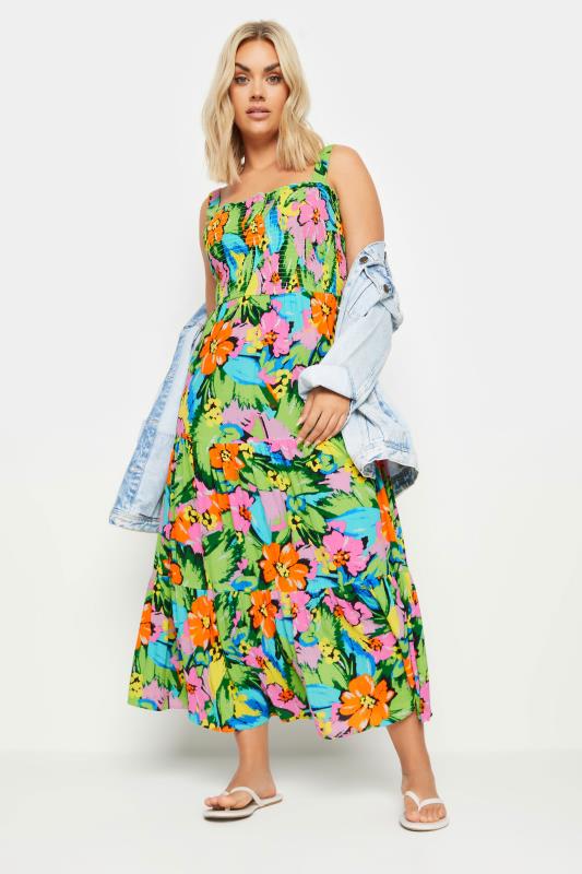 YOURS Plus Size Green Tropical Print Tiered Maxi Dress | Yours Clothing 1