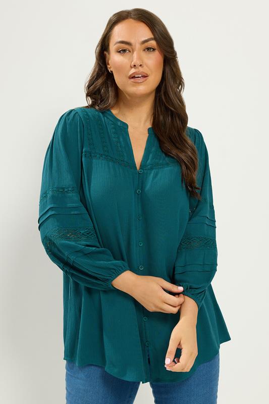  YOURS Blouse bleu sarcelle en crochet à encolure fendue