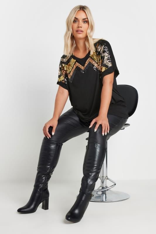 YOURS Plus Size Black Sequin Embellished Short Sleeve T-Shirt | Yours Clothing 2