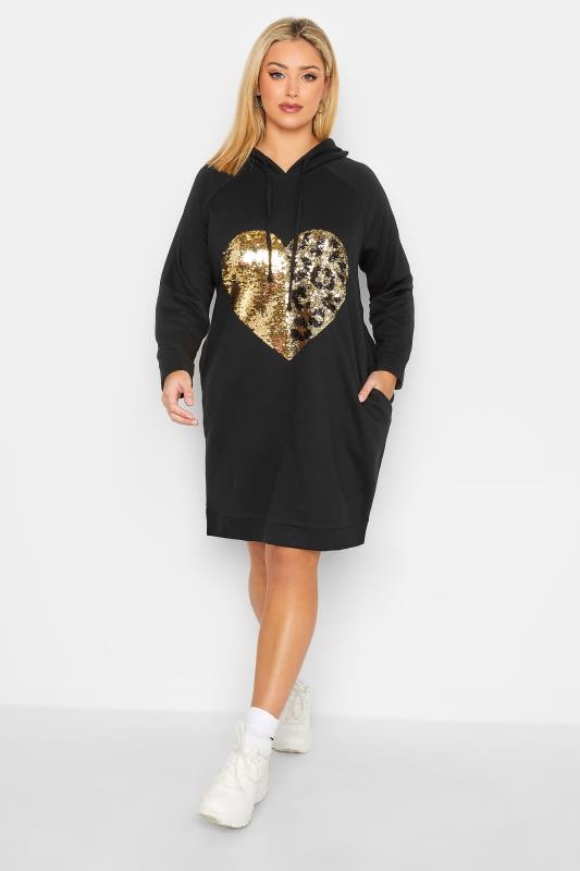 YOURS Plus Size Black Heart Sequin Embellished Hoodie Dress | Yours Clothing 2