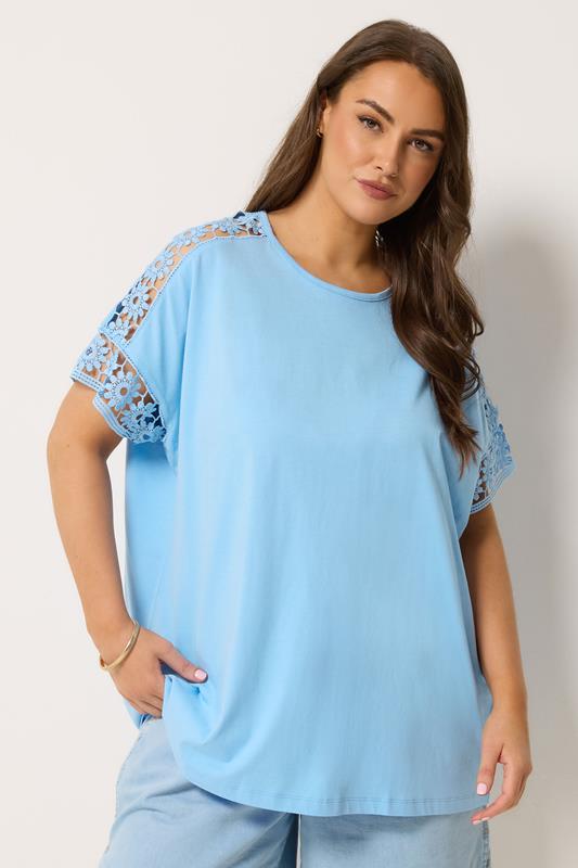  YOURS camiseta azul cuadrada con mangas de ganchillo de talla grande