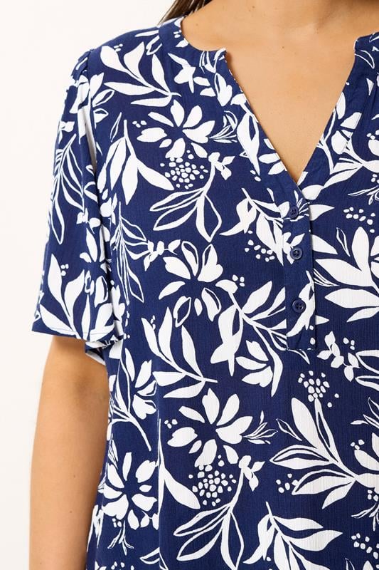 YOURS Plus Size Navy Blue Leaf Notch Neck Top | Yours Clothing 4