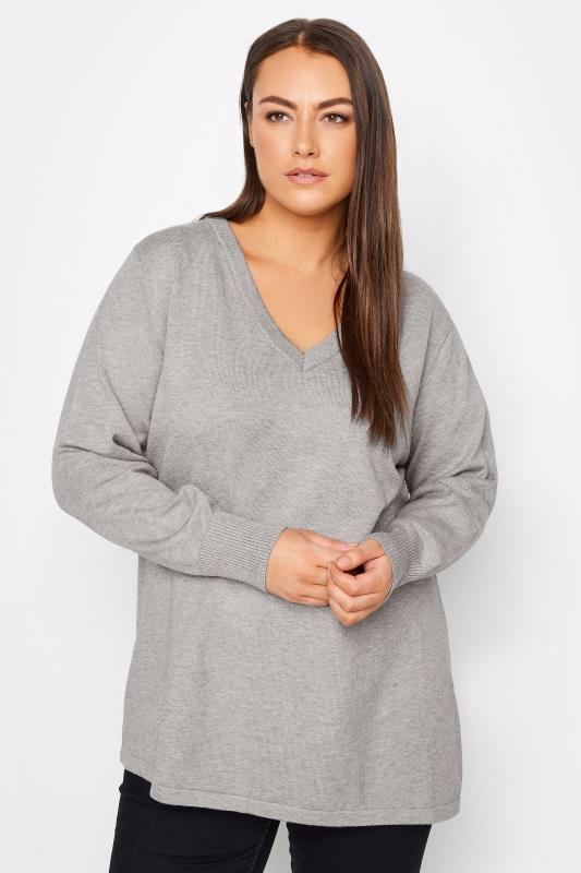 Plus Size  City Chic Grey V-Neck Long Cuffed Sleeve Jumper