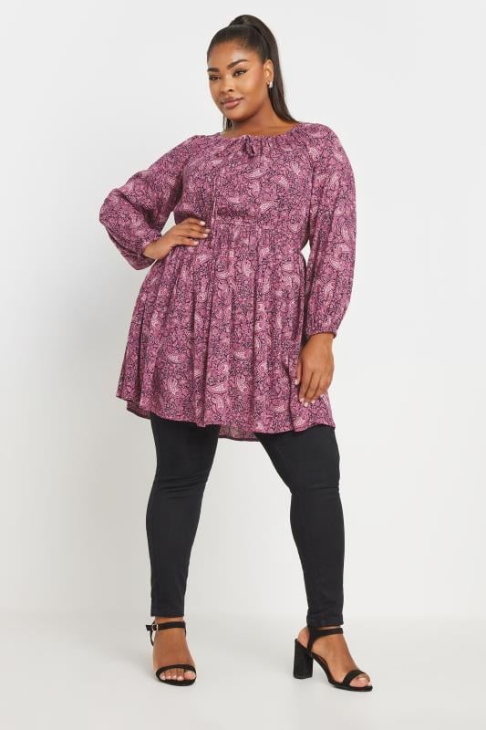 YOURS Plus Size Pink Paisley Crinkle Tie Neck Tunic Dress | Yours Clothing  3